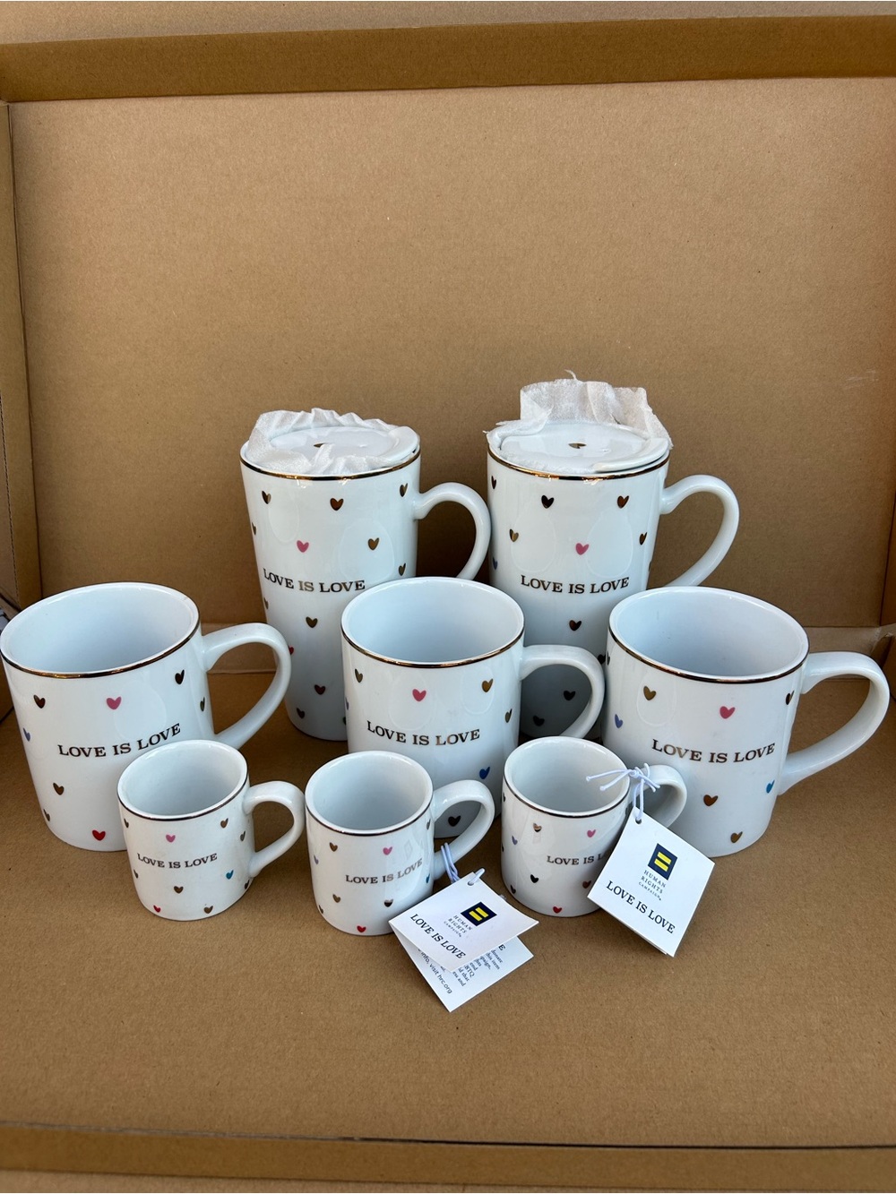 William Sonoma LOVE IS LOVE 8pc Mug Demitasse Espresso Set Rainbow Heart White